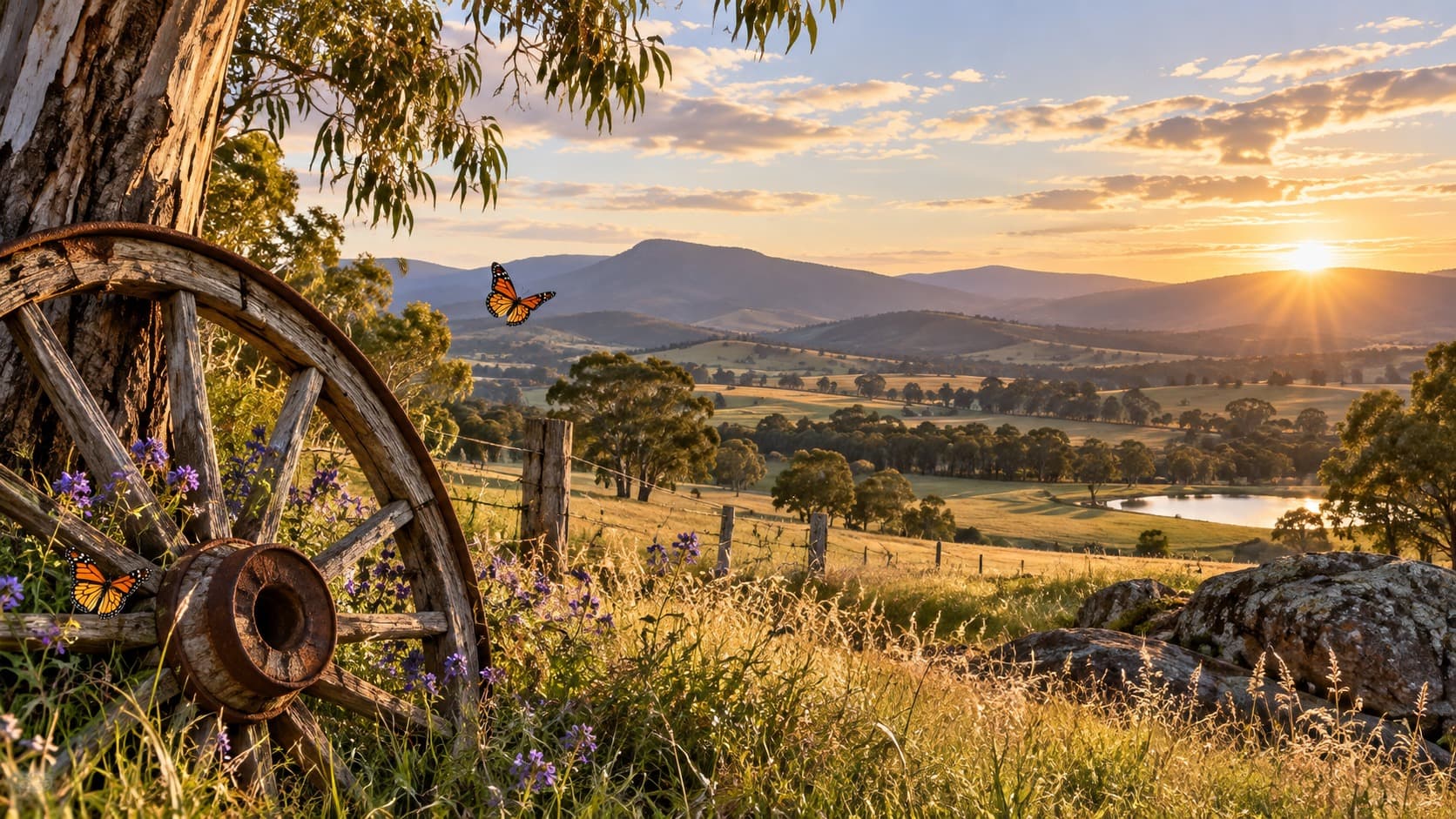 Victorian countryside with a wagon wheel and butterflies